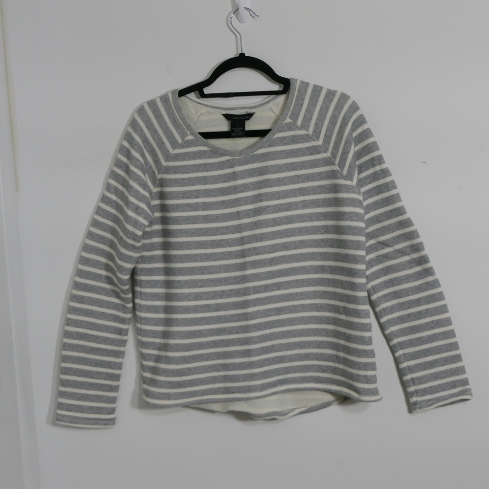 Calvin Klein Jeans Womens Sweatshirt Large Gray White Striped Nautical Preppy